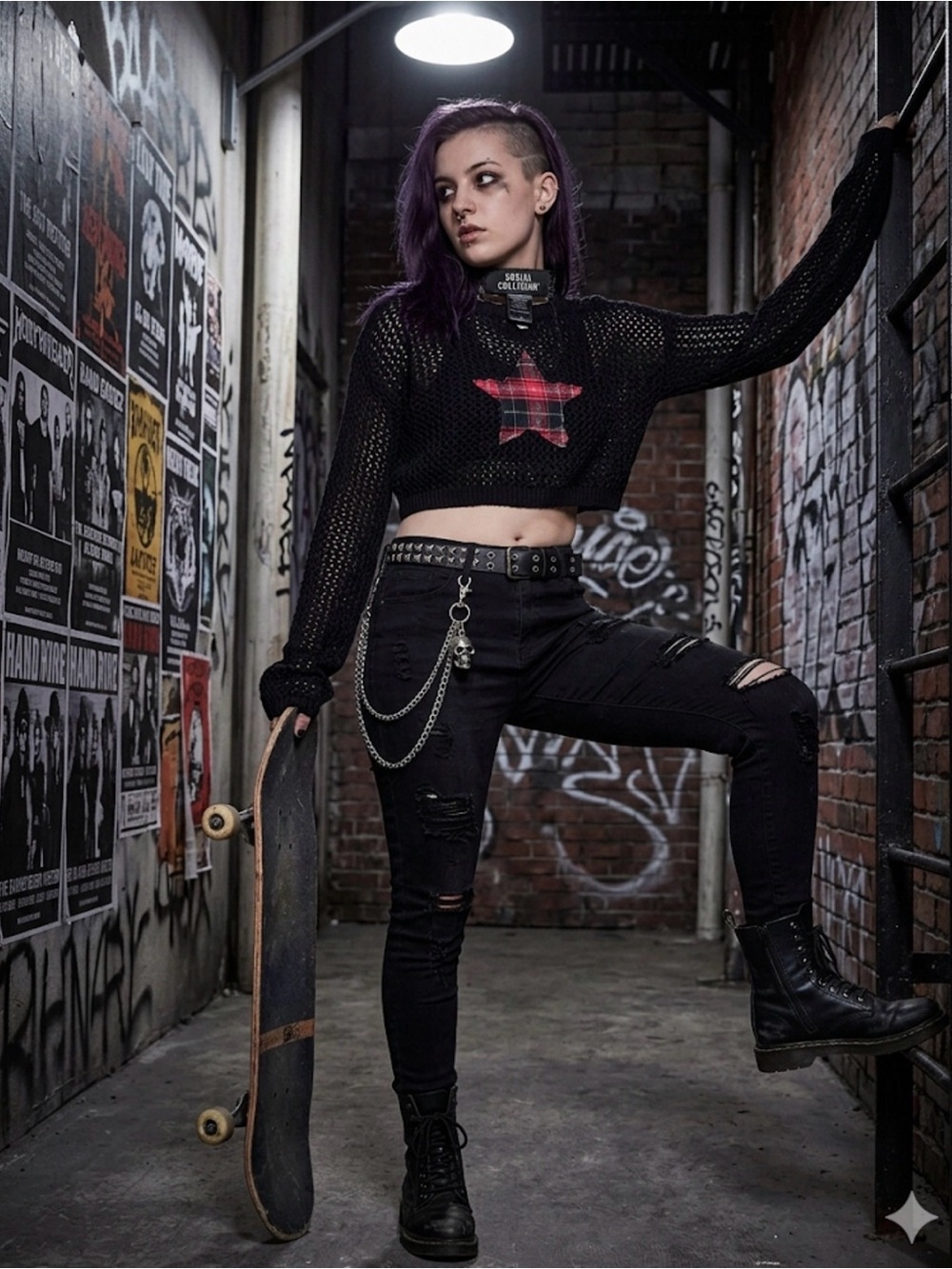 Social Collision ❤️🖤 Plaid Star Cropped Goth Grunge Sweater Top LG